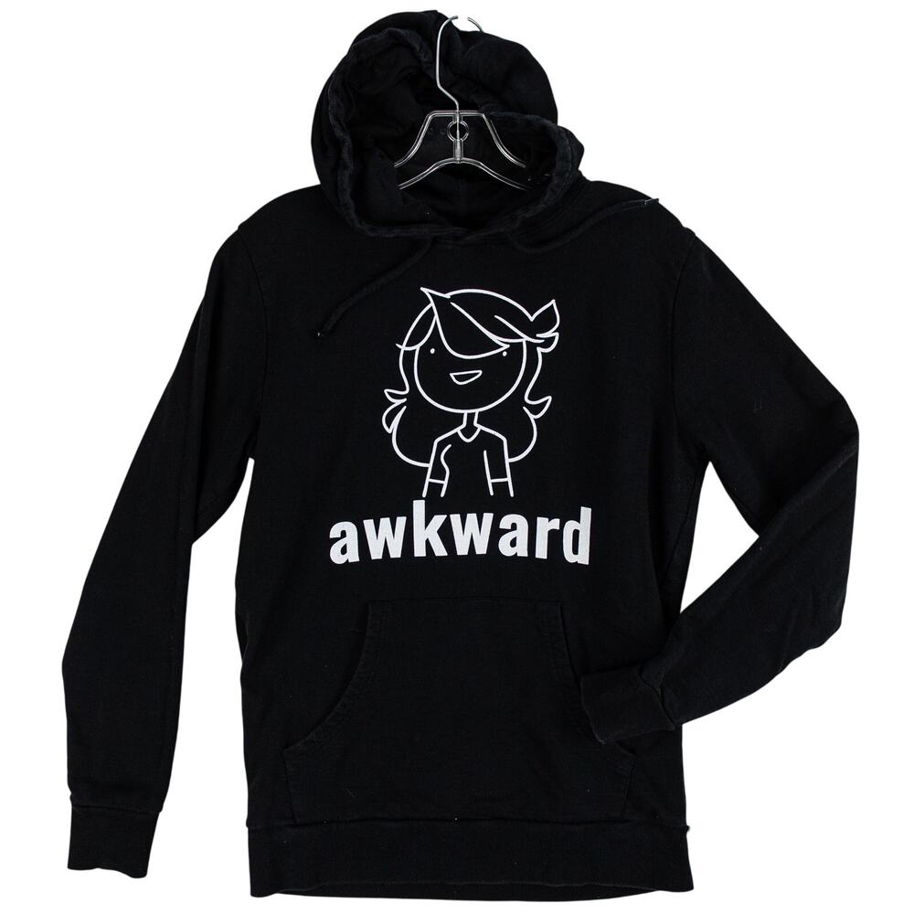 Women's Small Black Pullover Hoodie Awkward Graphic Kangaroo Pocket Arigato